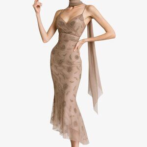 Vintage Y2K Brown Floral Beaded Mesh Asymmetric Ruffle Midi Dress Size S